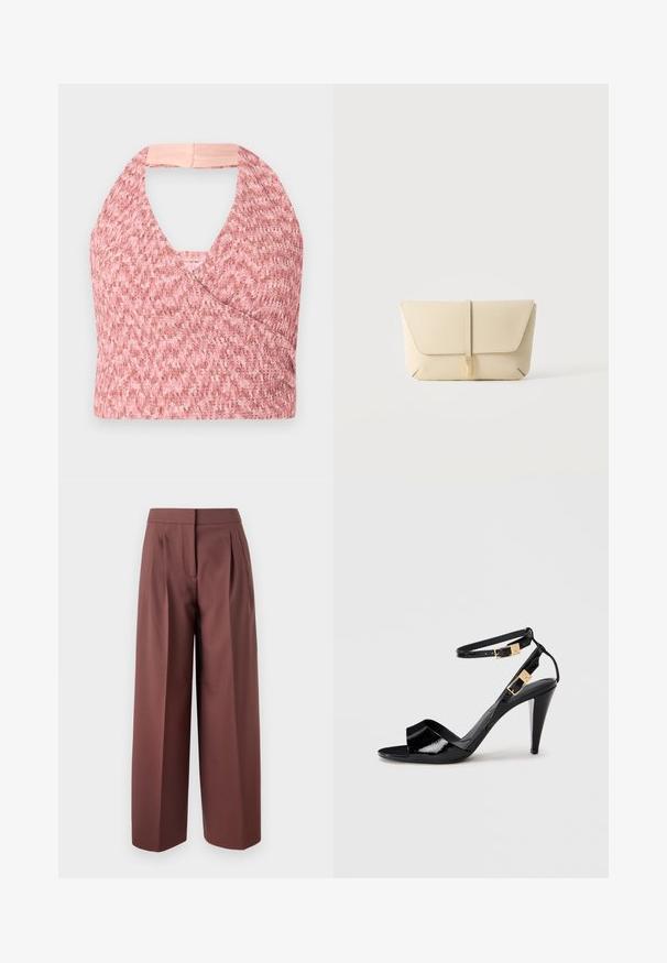 Helles rosa Halftertop aus strukturiertem Strickstoff mit Wickeldesign, das hinten ein weiches beige Band für einen sicheren Sitz hat.; Braune weite Hose mit hoher Taille, versehen mit Falten an der Vorderseite, maßgeschneiderter Schnitt und glatter Stoffoberfläche.; Schwarze, lackierte High-Heeled-Sandalen mit doppelten Knöchelriemen und goldenen Schnallen, Zehen offen und schlankem, spitz zulaufendem Absatz auf neutralem Hintergrund.; Beige Leder-Clutch mit einer vorderen Klappe und einem vertikalen Riemenverschluss vor einem schlichten hellen Hintergrund.