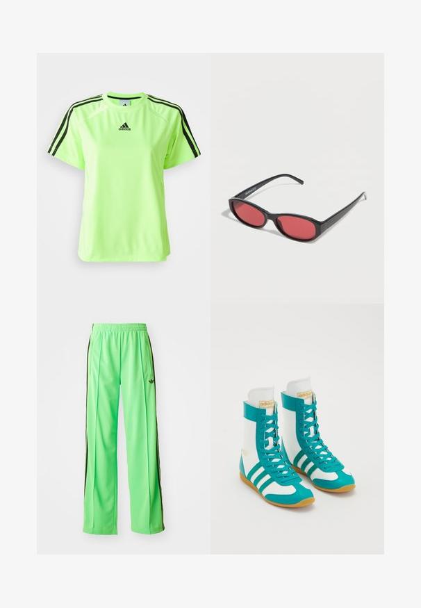 Neon grøn atletisk t-shirt lavet af svedtransporterende stof. Har et sort tre-stripes design på skuldrene og logoet centreret på brystet.; Grønne atletiske bukser lavet af glat, let materiale, med sorte sidestriber og et broderet logo på fronten.; Høje sportssko med teal syntetisk materiale, hvide paneler, tre teal striber og en gummisål med struktureret greb.; Sorte ovale solbriller med tynde arme og rødtonede linser, der ligger på en hvid overflade.