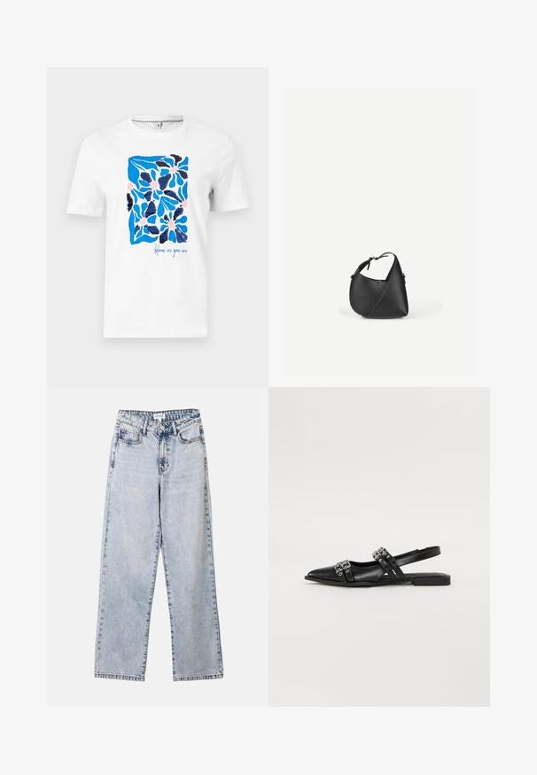 Hvid kortærmet skjorte med blå og lyserøde abstrakte blomsterdesign og marineblå palietter, tekst "bloom as you are" nederst til højre.; Lysblå lige ben jeans lavet af denim, med to frontlommer, en knaplukning og kontraststing langs sømmene.; Even&Odd by Zalando Slingback-ballerinasko - black; Sort skuldertaske i læder med en afrundet trekantet form og justerbar rem på en ensartet lys baggrund.