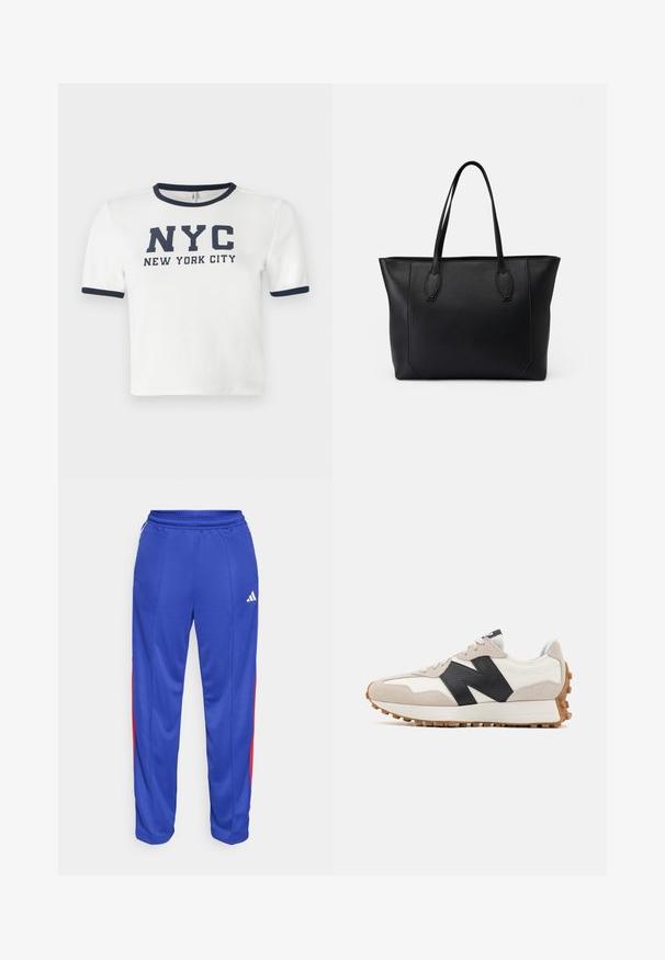 Witte t-shirt met korte mouwen en marineblauwe accenten bij de kraag en mouwen. Voorzien van vetgedrukte tekst: "NYC NEW YORK CITY."; Blauwe sportbroek met rode zijstrepen, elastische tailleband en een klein wit logo op de bovenste linkerkant van de broek. Glad, lichtgewicht materiaal.; Witte en beige sneaker met zwart "N" logo, rubberen zool met gripnoppen en vetersluiting, zij-aanzicht.; Zwarte leren tote bag met twee stevige handvatten, voorzien van een zachte textuur, rechthoekige vorm en subtiele stitching details langs de randen.