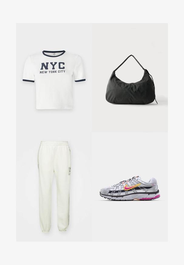 Weißes T-Shirt mit kurzen Ärmeln und marineblauen Akzenten am Kragen und den Ärmeln. Mit dem auffälligen Drucktext: "NYC NEW YORK CITY."; Helle beige Jogginghose mit elastischem Bund, seitlichen Taschen und gerippten Säumen. Verfügt über ein grafisches Logo am linken Oberschenkel.; Graunetz-Laufschuh mit einem auffälligen pinken und gelben Swoosh, schwarzen Akzenten und einer strukturierten Gummisohle. Verfügt über eine verstärkte Zehenpartie und einen gepolsterten Kragen.; Schwarze, weiche Stoff-Schultertasche mit einem Träger und leicht zerknitterter Textur vor einfachem, hellem Hintergrund.