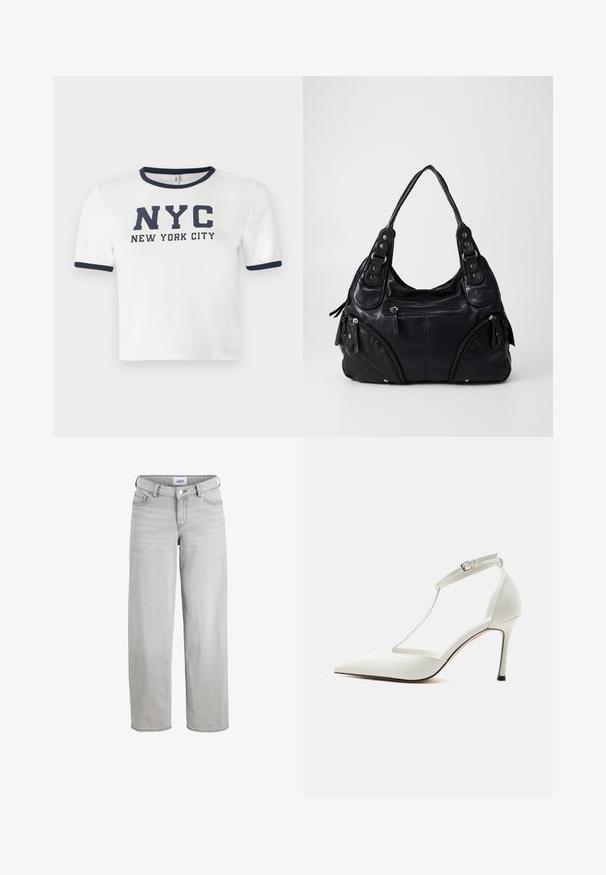 Hvid t-shirt med korte ærmer og marineblå detaljer ved kraven og ærmerne. Har fedt trykt tekst: "NYC NEW YORK CITY."; Lys grå denim jeans med en afslappet pasform, lige ben og en mellemhøj talje. Har bæltestropper, knaplukning og standardlommer.; Hvid spids højhælet sko med tynd ankelrem og spænde, glat finish og slank stilethæl på ensfarvet baggrund.; Sort læder håndtaske med dobbelte håndtag, frontlynlåslommer og metalnitte detaljer, sat mod en ensfarvet lys baggrund.