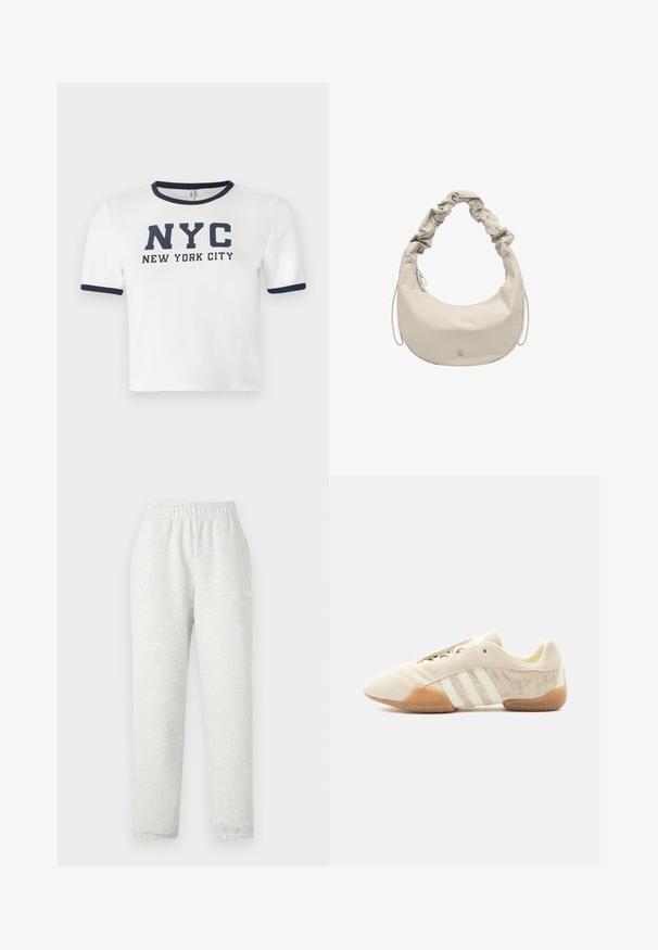 Witte t-shirt met korte mouwen en marineblauwe accenten bij de kraag en mouwen. Voorzien van vetgedrukte tekst: "NYC NEW YORK CITY."; Lichtgrijze sweatpants met een elastische tailleband, taps toelopende pijpen en ribgebreide manchetten. Gemaakt van een zachte, gestructureerde stof. Witte logodetail aan de zijkant.; Lage beige sneaker met drie witte strepen, gestructureerde suède zijpanelen, rubberen zool en vetersluiting op een effen achtergrond.; Beige handtas met een halvemaanvorm, een geplooide schouderband, ritssluiting en een subtiel merklogo aan de voorkant.