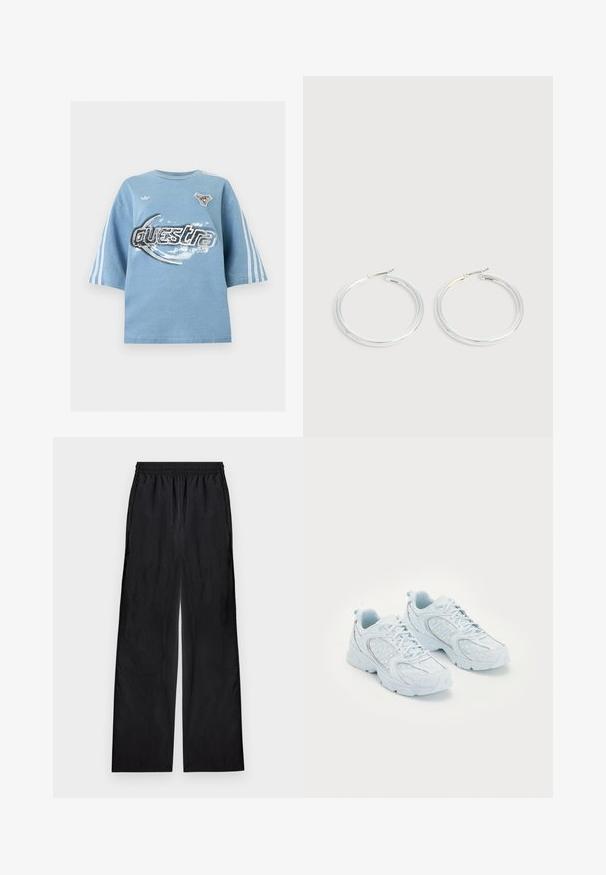 Camiseta oversize azul clara con rayas blancas en las mangas, texto distorsionado "Questra" y dos pequeños parches gráficos en el pecho.; Pantalones negros de pierna ancha con cintura elástica, hechos de tela ligera, mostrados planos sobre un fondo claro.; Zapatillas deportivas de color azul claro con una parte superior de malla y sintético, que presentan manchas blancas y detalles reflectantes, diseño con cordones y suelas acolchadas.; Pareja de pendientes de aro plateados brillantes con cierres de alambre delgado, mostrados sobre un fondo gris claro.