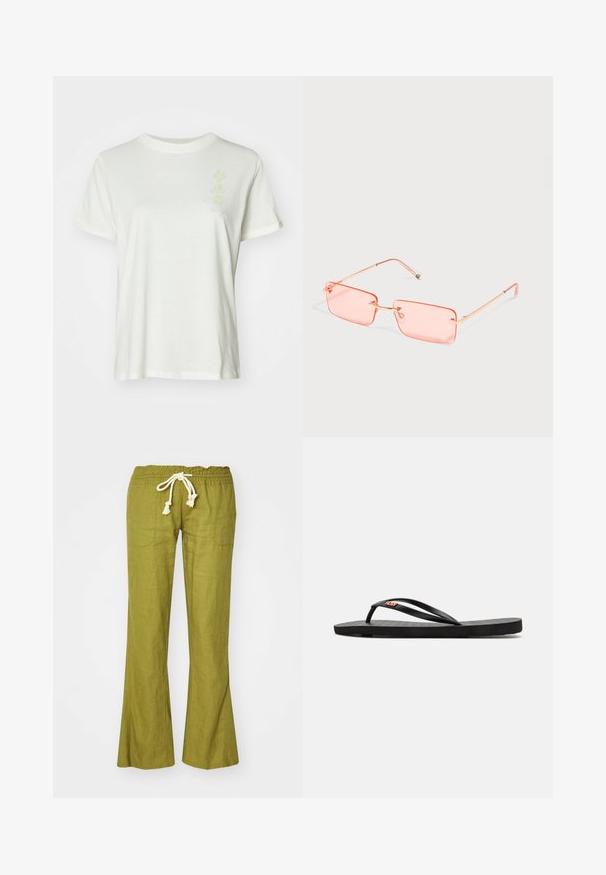 Camiseta de algodón blanca con cuello redondo, mangas cortas y un sutil diseño floral en tonos pastel en la parte delantera. Textura suave, corte relajado.; Pantalones de lino verdes acampanados con cintura elástica y cordón ajustable. Presenta dos bolsillos laterales y una textura suave.; Chanclas negras con suela plana, que presentan correas delgadas y una plantilla texturizada. Pequeño logo en la correa. Diseño simple y minimalista.; Gafas de sol sin montura, rectangulares con tinte rosa, con finas patillas metálicas doradas y almohadillas nasales ajustables sobre un fondo claro y liso.