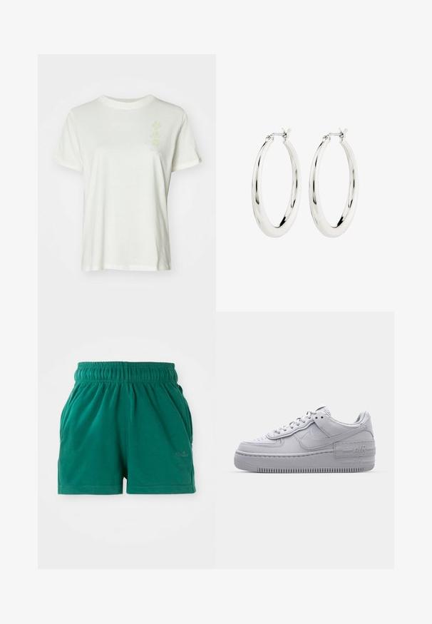 Weißes Baumwoll-T-Shirt mit Rundhalsausschnitt, kurzen Ärmeln und einem subtilen pastellfarbenen Blumenmuster auf der Vorderseite. Weicher Stoff, lockere Passform.; Grüne lässige Shorts mit elastischem Bund, Seitentaschen und dezentem Logo am rechten Oberschenkel.; Graue Nike Air Force 1 Sneaker mit perforierter Zehenpartie, Obermaterial aus glattem Leder, dicker Sohle und geprägtem 'AIR'-Detail an der Ferse.; Silberne Creolen mit einer glatten, glänzenden Oberfläche. Kreisform, ausgestattet mit einem sicheren Verschluss. Einfaches und elegantes Design.