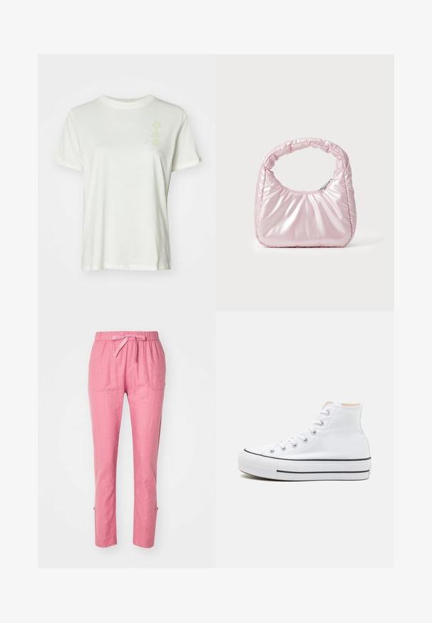 Hvid bomulds t-shirt med rund halsudskæring, korte ærmer og et subtilt pastelfarvet blomstermotiv foran. Blød tekstur, afslappet pasform.; Lyserøde linnedbukser med elastisk talje, snøre og to forlommer. Lige pasform med sideslidser ved kanten.; Hvide høj-top sneakers lavet af kanvasmateriale, sort gummisål og kontrasterende sort stribe på mellemsålen. Rund tåhætte og snørebåndsdesign.; Rosa, polstret håndtaske med afrundet design, lavet af skinnende materiale. Har et samlet håndtag og en lynlås til sikker adgang.