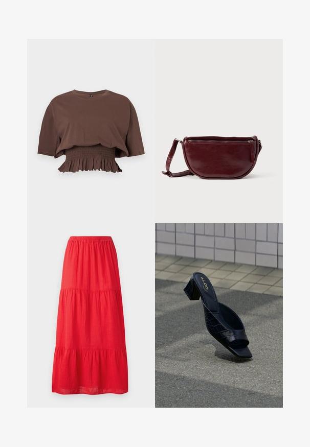 Braunes, kurzes, kurzärmeliges Crop-Top mit rundem Ausschnitt und elastischem, gerafftem Bund mit Volantabschluss.; Roter Baumwoll-Maxikleid mit einem elastischen Taillenbund, der drei abgestufte Rüschenschichten aufweist und eine glatte Textur hat. Einfaches Design ohne sichtbare Muster.; Schwarze Mule-Sandalette mit Krokodilprägung, eckiger Zehenpartie und Blockabsatz, liegend auf strukturiertem Boden nahe einer gefliesten Wand.; Dunkelroter Lederhandtasche in halbmondförmiger Form mit Reißverschluss und abnehmbarem Tragegurt. Glatte Textur mit dezentem Glanz.