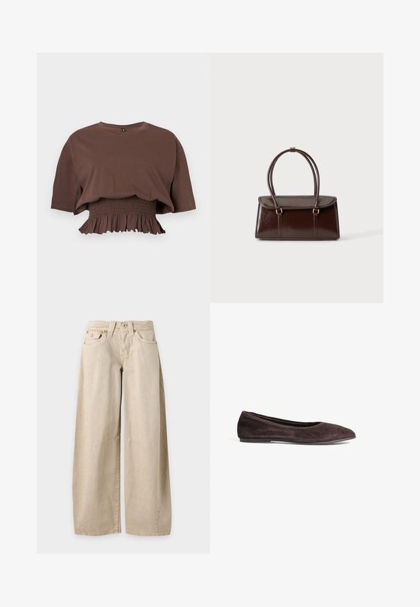 Brun kortærmet crop top med rund hals og elastisk rynket talje med flæsekant.; Beige jeans med vide ben, fem lommer og synlige sømme ved knæene, vist fladt mod en ensfarvet lysegrå baggrund.; Brune ruskinds ballerina med spids tå og lav profil. Har en glat tekstur og minimalistisk design. Ingen synlig hardware eller accenter.; Mørkebrunt blankt læderhåndtaske med en struktureret rektangulær krop og to lange, afrundede håndtag mod en ensfarvet lys baggrund.
