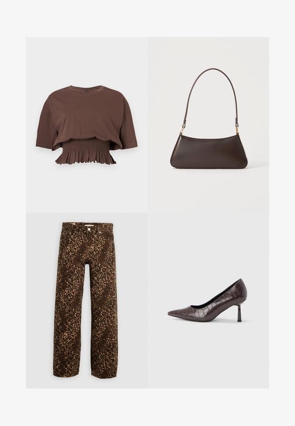 Braunes, kurzes, kurzärmeliges Crop-Top mit rundem Ausschnitt und elastischem, gerafftem Bund mit Volantabschluss.; Leopardenmusterweite Beinhosen in Braun und Beige. Hergestellt aus Denim, mit einem klassischen Fünf-Taschen-Design und Metallbeschlägen.; Braune Pumps mit spitz zulaufender Spitze aus Kunstleder in Krokodiloptik, mit schlankem, eckigem Absatz und glatter Innenfütterung.; Dunkelbraune Lederhandtasche mit geschwungenem oberen Reißverschluss und schmalem Schulterriemen mit goldfarbenen Verschlüssen auf einfarbigem Hintergrund.