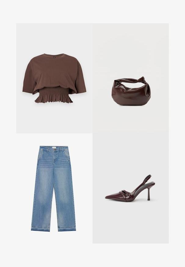 Haut court marron à manches courtes avec encolure ronde et taille smockée élastique avec un ourlet à volants.; Jean large taille haute bleu clair avec fermeture à bouton, poches avant, passants de ceinture et détails légèrement décolorés.; Escarpin slingback en cuir verni bordeaux avec bout pointu, fine bride à la cheville et petit détail décoratif de boucle. Texture lisse et talon haut.; Sac bandoulière en cuir marron foncé avec une forme souple et décontractée et une anse nouée torsadée sur un fond blanc uni.