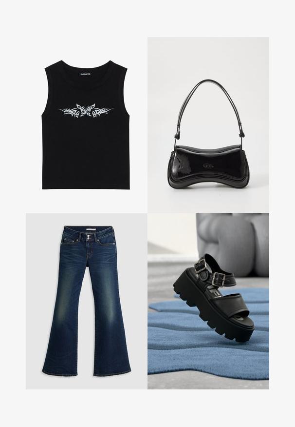 Haut sans manches noir en coton ; présente un design avec un papillon argent métallique et un motif tribal sur la poitrine. Encolure ronde.; Jean flare super bas en denim bleu foncé avec poches avant et arrière, fermeture à double bouton et détails décolorés sur les cuisses et les genoux.; Sandale plateforme noire épaisse avec deux boucles argentées sur un tapis bleu texturé, sculpture grise floue en arrière-plan.; Sac à main en vernis noir avec une forme courbée, une poignée unique et un fond arrondi. Présente un détail de logo discret à l'avant.