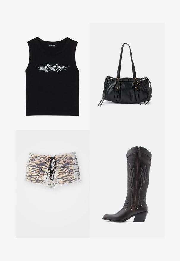 Schwarzes ärmelloses Oberteil aus Baumwolle; mit einem metallisch silbernen Schmetterlings- und Tribal-Musterdesign über der Brust. Rundhalsausschnitt.; Tigerprint-Shorts aus Denim mit fransigem Saum, featuring eine schwarze Schnürfront und tonales Nähen. Die Farbpalette umfasst Beige und Schwarz.; Braune Cowboy-Stiefel aus Leder mit Flammenstickerei, seitlichem Reißverschluss, silbernen Nieten, spitzer Zehenpartie und geschichtetem Absatz.; Schwarze Lederhandtasche mit runder Form, doppelten Griffen, dekorativen Hardware-Details und seitlichen Bindebändern. Glatte, glänzende Textur.
