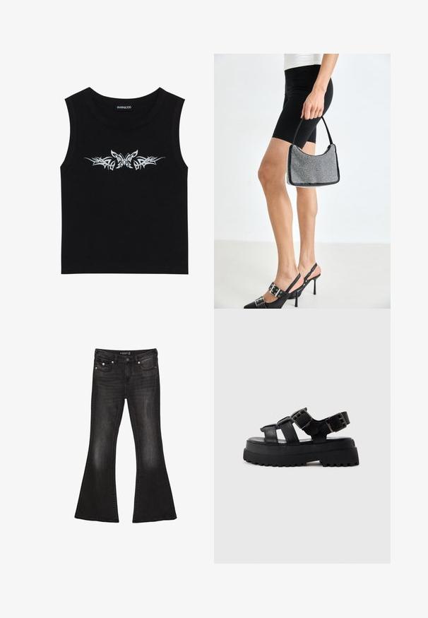 Haut sans manches noir en coton ; présente un design avec un papillon argent métallique et un motif tribal sur la poitrine. Encolure ronde.; Jean évasé noir en denim avec une taille mi-haute, comportant cinq poches, des coutures contrastantes et des accents en matériel argenté.; Sandale plateforme noire avec semelle épaisse, trois brides en cuir et deux fermetures à boucle argentées, vue de côté sur un fond gris.; Sac à main à perles noires avec une silhouette courbée, une poignée de transport et une texture brillante. Porté avec des chaussures à talons hauts noires et un short noir ajusté.