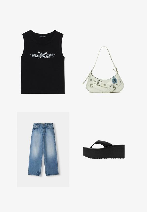 Sort ærmeløs top lavet af bomuld; har design med metallisk sølv sommerfugl og tribal mønster over brystet. Rund halsudskæring.; Lysblå jeans med afslappet pasform, brede ben og slidte sektioner. Fremstillet af denim med klassisk fem-lommerdesign og lukning med en topknap.; Sort platform flip-flop med tyk polstret sål og bred tårem, set fra siden på hvid baggrund.; Hvid syntetisk håndtaske med en buet silhuet, justerbar rem, dekorativ spænde, sølv hardware og et blåt mærke fastgjort.