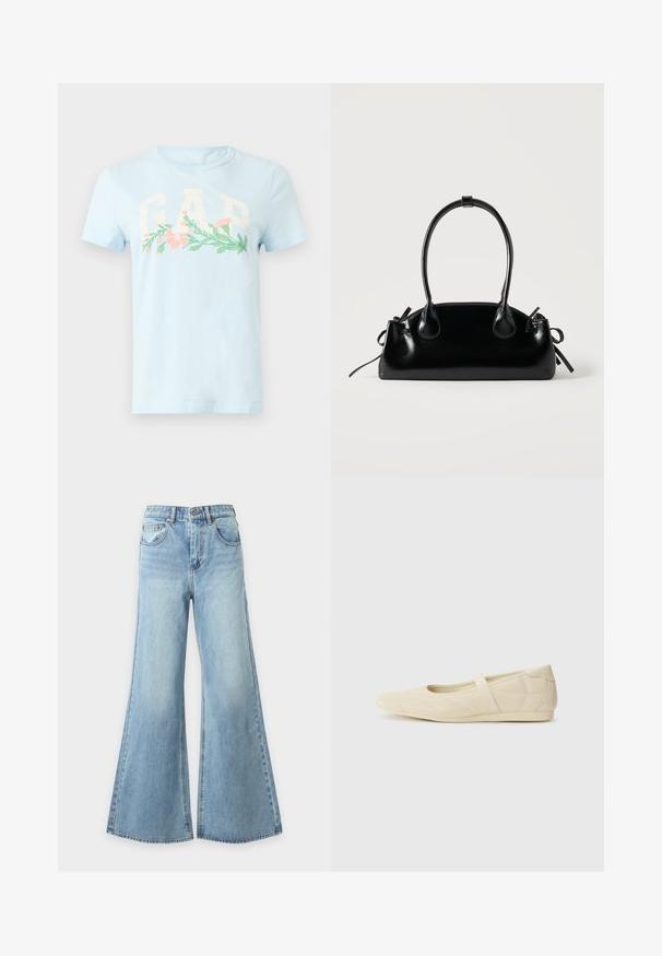 T-shirt bleu clair à manches courtes avec de grandes lettres blanches "GAP" et un dessin floral horizontal en rose et vert traversant la poitrine.; Jean bleu clair à jambes larges en denim avec fermeture à bouton et fermeture éclair à l'avant, passants de ceinture et poches avant, présenté sur un fond uni.; Ballerines beiges avec une exterior en cuir lisse, un bout en forme d'amande et une sangle élastique sur le coup de pied, avec des détails de couture subtils.; Petit sac à main noir brillant avec deux longues anses et des détails à cordon sur les côtés sur un fond clair uni.