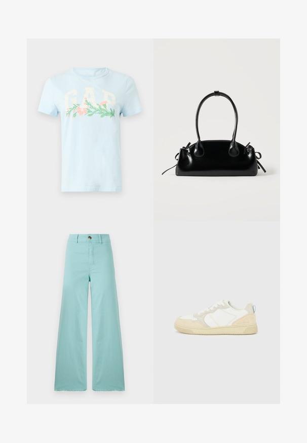 Lyseblå T-shirt med korte ærmer, store hvide "GAP"-bogstaver og et horisontalt blomsterdesign i pink og grøn tværs over brystet.; Bredde bukser lavet af lyseblå stof med en frynset kant. Har en knaplukning og standard lommer. Glat tekstur hele vejen igennem.; Hvid og beige sneaker med en overdel i ruskind og tekstil, med kontrastsyninger, en gummisål og en lyseblå detalje på hælen.; Lille sort blank håndtaske med to lange håndtag og snøre-detaljer i siden på en ensfarvet lys baggrund.