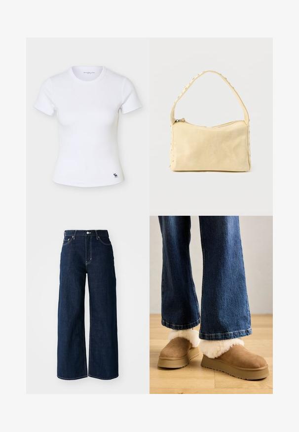 T-shirt blanc ajusté à manches courtes en côtes avec col rond et petit logo sombre d'élan près de l'ourlet inférieur sur le côté gauche.; Jeans en denim bleu foncé à jambes larges avec des coutures contrastées, un design à cinq poches et une fermeture à bouton à la taille.; Chaussons en daim marron avec un épais revers en fourrure légère, montés sur une semelle plateforme beige, associés à un jean en denim à coupe large.; Petit sac à main en cuir beige avec une seule bandoulière et des clous argentés le long des bords et de la bandoulière, posé sur un fond uni.