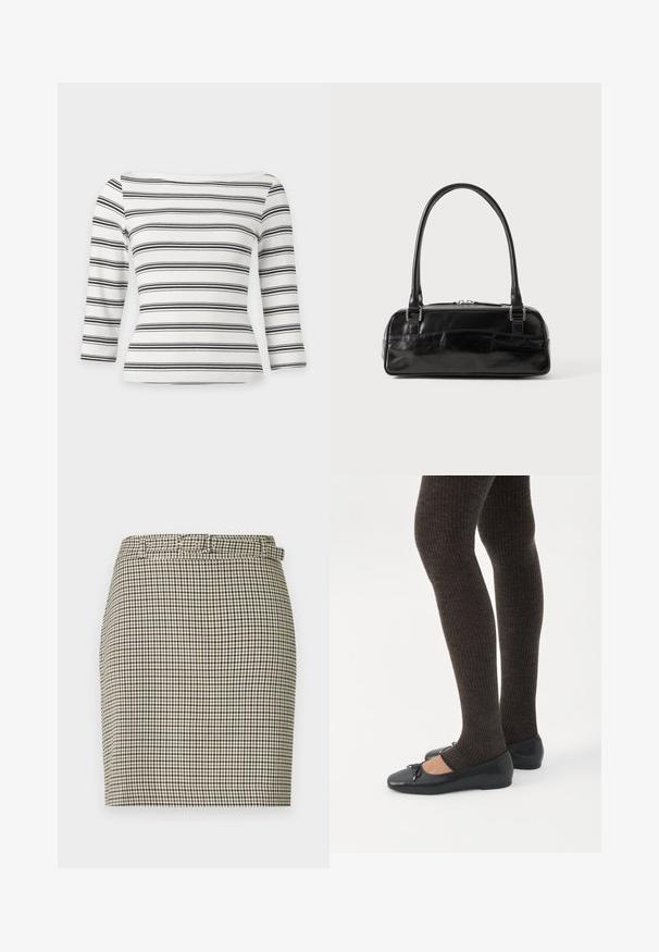 JJXX JXFIFI BOATNECK - T-shirt à manches longues - black; Jupe courte à motif pied-de-poule, avec un schéma de couleurs beige et noir, design ajusté et passants pour ceinture à la taille.; Jambes portant des leggings côtelés foncés associés à des ballerines noires avec de petits détails en nœud sur fond blanc.; Sac à main en cuir noir de forme rectangulaire, doté d'une seule ansse structurée, de quincaillerie argentée et d'une fermeture éclair. Texture lisse.