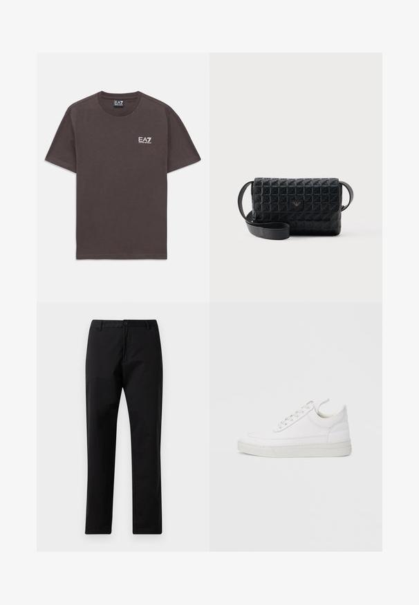 Camiseta de tirantes corta de color gris oscuro con pequeño logo en blanco de EA7 Emporio Armani en el lado izquierdo del pecho y etiqueta en el cuello.; Pantalones rectos negros con cierre de botón y cremallera, pasadores para cinturón y bolsillos delanteros, exhibidos sobre un fondo blanco.; Zapatilla blanca de cuero con punta redondeada, suela plana y cierre de cordones. Presenta detalles de costuras y un cuello acolchado para mayor comodidad.; Bolso bandolera negro con textura, cierre de solapa y un pequeño logo metálico en el frente, mostrado sobre un fondo liso.