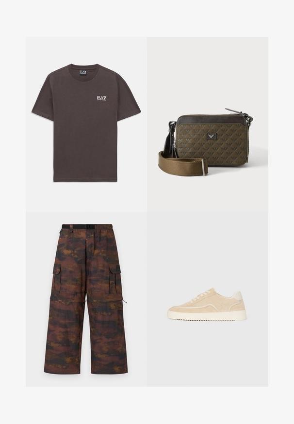 Camiseta de tirantes corta de color gris oscuro con pequeño logo en blanco de EA7 Emporio Armani en el lado izquierdo del pecho y etiqueta en el cuello.; Pantalones cargo en un tejido marrón texturizado con un patrón abstracto desgastado. Presentan piernas anchas, cinturilla elástica y múltiples bolsillos.; Zapatillas de ante beige con suela y cordones blancos, diseño bajo y patrón de tracción en zigzag en la suela.; Pequeño bolso bandolera rectangular marrón con textura estampada, parche con logo frontal, cierre de cremallera y correa ancha ajustable.
