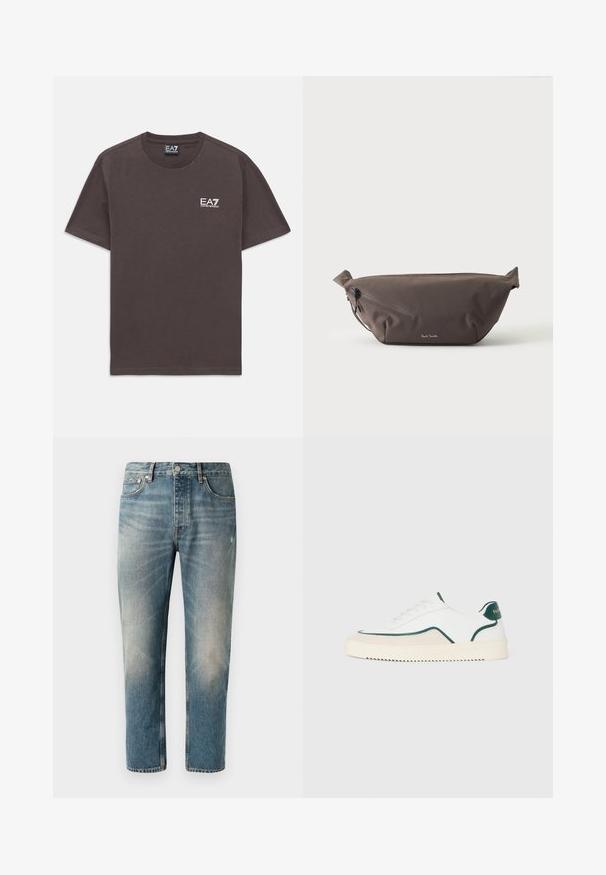 Donkergrijze T-shirt met korte mouwen en ronde hals, met klein wit EA7 Emporio Armani-logo op de linkerborst en een label in de hals.; Lichtblauwe denim jeans met een rechte snit. Met een knoopsluiting, vijf zakken en subtiele vervagings en wassing op de dijen.; Witte lage sneakers met groene accenten, beige suede details en een crème-kleurige zool met een geribbelde onderkant.; Donkerbruine stoffen heuptas met diagonale ritssluiting en klein wit logo aan de voorkant, tegen een effen lichte achtergrond.