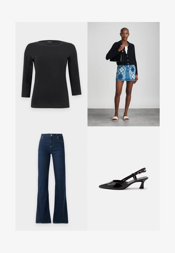 Zwart T-shirt met lange mouwen, ronde hals, een getailleerde pasvorm en een gladde, effen stoftextuur.; Donkerblauwe flared jeans met een hoge taille, gemaakt van denimstof. Bevat twee voorkruiken en contrasterende stiksels langs de naden.; Zwarte lakleren slingback kitten heel schoen met spitse neus en verstelbare gouden gespsluiting op een witte achtergrond.; Zwarte gebreide cardigan, witte top, denimrok met blauw en zwart ruitpatroon, zwarte handtas en beige instapsandalen.