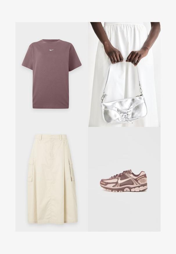 Yksinkertainen lilanaisen lyhythihainen t-paita, jossa on pieni valkoinen Nike-merkki keskellä rintaa, esitelty valkoista taustaa vasten.; Beige, polvena pituudeltaan oleva hame, joka on valmistettu puuvillasta. Siinä on kaksi sivutaskua ja edessä poikkitaitos, vyötärö ja piilotettu vetoketjukangas.; Kevyet juoksukengät, joissa on verkkomainen päällinen vaaleanpunaisissa ja ruskeissa sävyissä, teksturoiduilla yksityiskohdilla ja pehmustetulla pohjarakenteella.; Hopeakäyttöinen käsilaukku, jossa on nauhakiinnitys, elegantti muotoilu ja lyhyt hihna. Laukkua pidetään käsissä, esittäen sen pintarakennetta.
