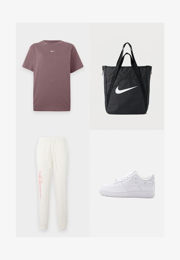 Effen mauve korte mouwen crewneck t-shirt met een klein wit Nike swoosh op de borst, weergegeven op een witte achtergrond.; Witte sweatpants met een taps toelopend ontwerp, voorzien van een roze "Nike Sportswear" logo op het linkerbeen en een elastische tailleband met trekkoorden.; Witte lage sneaker met geperforeerde neus, Nike-logo en decoratieve witte bloemmotieven op de hiel en zijkant.; Zwarte nylon draagtas met twee schouderbanden, voorzien van een grote witte Nike-logo, ritssluiting en een strak rechthoekig ontwerp.