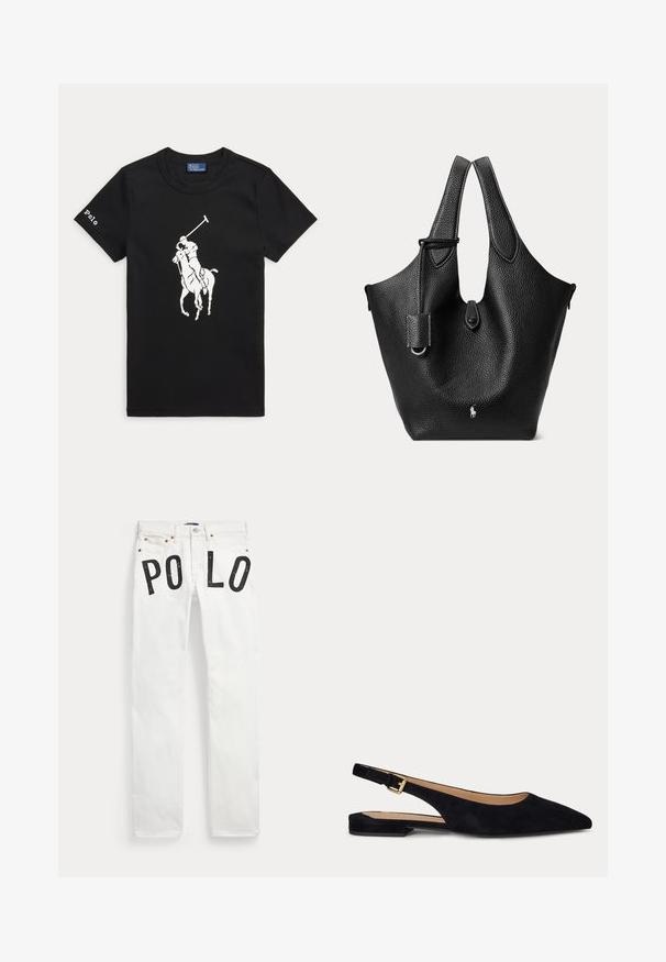 Zwarte T-shirt met korte mouwen met witte polo speler op paard afbeelding in het midden en tekst ""Polo"" op de linker mouw.; Witte spijkerbroek met zakken aan de voorkant en zwarte letters die "PO LO" spellen over het bovenste dijgebied van elk been.; Zwarte suède platte slingback met spitse neus, lage hak en verstelbare gouden gesp.; Zwarte textuurleren tote bag met dubbele handvatten, een klein klepje met knoopsluiting en een subtiel wit paardenlogo aan de onderzijde in het midden.
