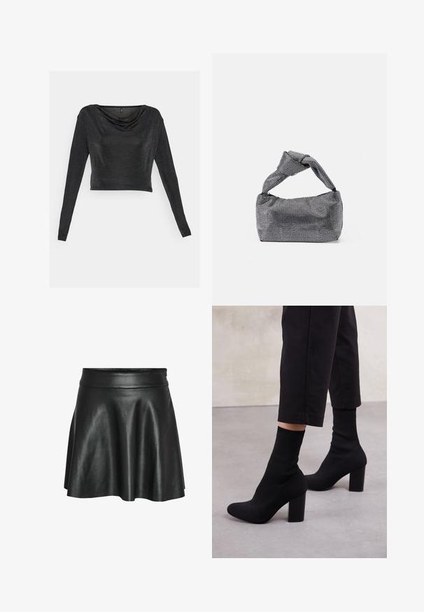 ONLY ONLCLAIRE - Top s dlhým rukávom - black; Čierna sukňa z umelej kože s rozšíreným strihom do písmena A, s hladkou lesklou textúrou a priliehavým pásom.; Čierne členkové topánky na podpätku s rebrovanou ponožkovou časťou, hladkým povrchom, zaoblenou špičkou a blokovým podpätkom pre stabilitu.; Čierna a strieborná kabelka s textúrovaným povrchom so vzorom diamantov, s uzlovou rukoväťou a štruktúrovaným tvarom.