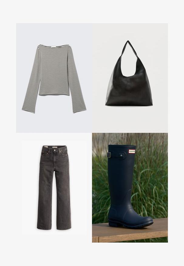 Langærmet, kort top i afdæmpede grå og hvide vandrette striber, lavet af blødt stof med en bred, bådformet halsudskæring og udvidede ærmer.; Højtaljede, vide jeans i mørkegrå denim, med forlommer, kontrastfarvede kobbernitter og en ren finish uden pynt.; Marine gummistøvle med rund tå, tekstureret overflade, justerbar spænde detaljer og Hunter-logo nær toppen. Stabilt sål med mønster.; Sort skuldertaske i glat læder med en bred, enkelt strop og et afslappet, minimalistisk design mod en ensfarvet baggrund.