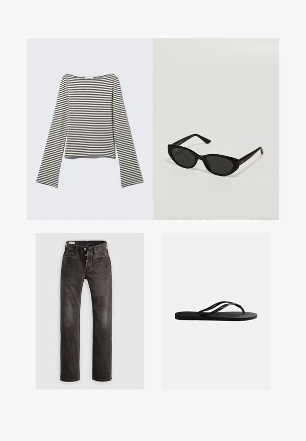 Langærmet, kort top i afdæmpede grå og hvide vandrette striber, lavet af blødt stof med en bred, bådformet halsudskæring og udvidede ærmer.; Mørkegrå lige ben jeans lavet af denim, der har en knaplukning, fem-lommemodel og subtile falmede detaljer på stoffet.; Sort gummiflip-flop sandal med tekstureret fodseng og tynde Y-formede remme på en ensartet hvid baggrund.; Sorte solbriller med en smal, katteøjeform. Fremstillet af glat plast, med mørke linser og diskrete logo accenter på stængerne.