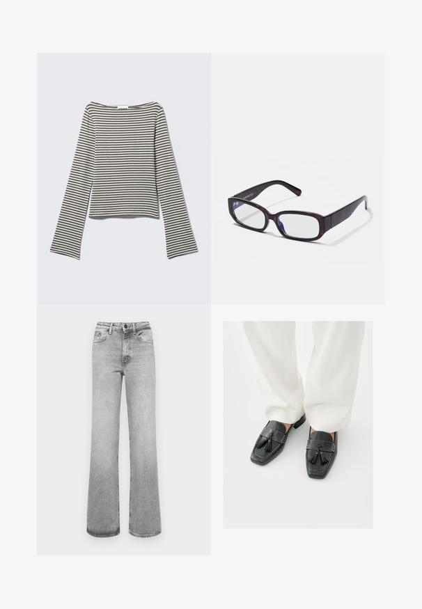 Langærmet, kort top i afdæmpede grå og hvide vandrette striber, lavet af blødt stof med en bred, bådformet halsudskæring og udvidede ærmer.; Lyst grå faded lige ben jeans med forlommer, bæltestropper, og en knap- og lynlåslukning.; Sorte læderloafer med kvaster, firkantede tæer og dekorative syninger, kombineret med hvide bukser med vide ben.; Brune skildpadde-rektangulære briller med klare linser og slanke arme, der viser en glat tekstur og minimalistisk design.