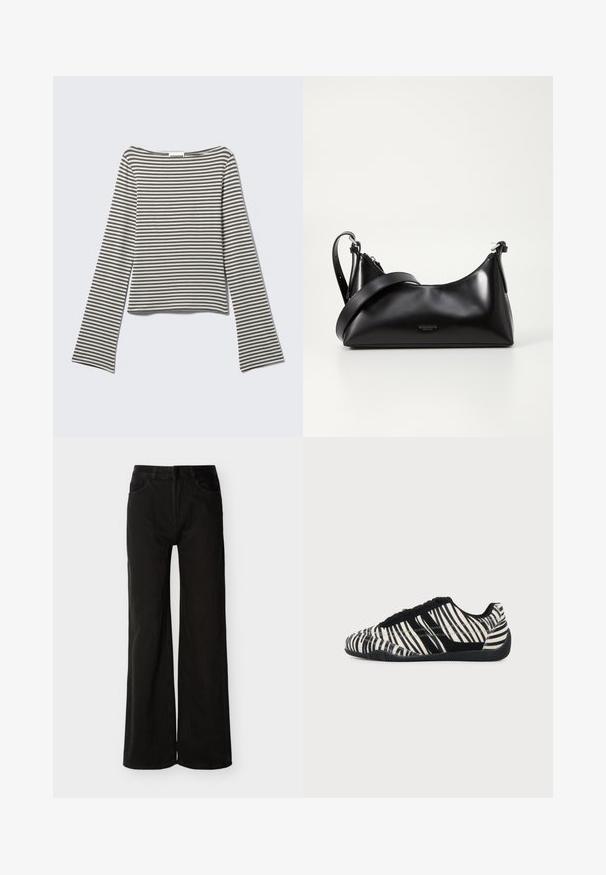 Lange mouwen, cropped top in gedempte grijs- en wit horizontale strepen, gemaakt van zachte stof met een brede, bootstijl halslijn en uitlopende mouwen.; Zwarte denim jeans met hoge taille en wijde pijpen, met knoop- en ritssluiting aan de voorkant, voor- en achterzakken, getoond tegen een witte achtergrond.; Zwart-witte vetersneaker met zebraprint en een gestructureerde zwarte zool op een egale lichte achtergrond.; Zwarte leren handtas met een gladde textuur. Beschikt over een verstelbare schouderband en een strak, minimalistisch ontwerp met een ritssluiting.