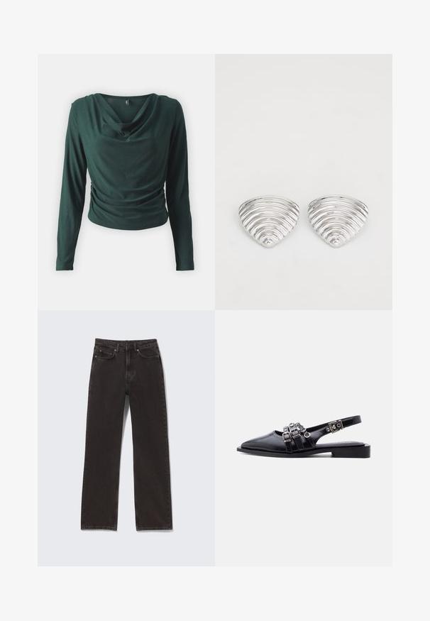 Haut vert foncé à manches longues avec un col drapé, un tissu doux, et des détails froncés sur les côtés pour une silhouette ajustée.; Jean droit noir en denim avec poches avant et arrière, fermeture par bouton et fermeture éclair, présenté à plat sur un fond clair.; Escarpin slingback plat en cuir noir à bout pointu avec trois brides à boucle et matériel argenté sur fond blanc.; Boucles d'oreilles en argent avec un design ondulé et texturé, en forme de croissants superposés ; la finition polie accentue les qualités réfléchissantes.