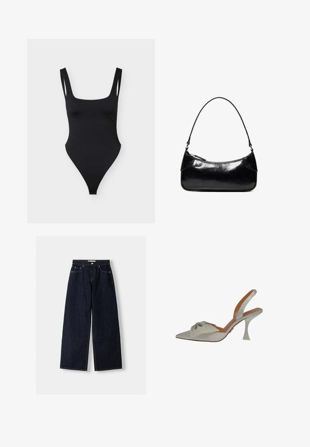 Maillot de bain une pièce noir avec encolure carrée, fines bretelles doubles aux épaules et découpes hautes aux jambes sur un fond clair uni.; Jean large en denim bleu foncé à taille haute, avec cinq poches, des coutures contrastées et des éléments en métal argenté. Texture lisse et finition soignée.; Chaussure slingback en satin blanc, à bout pointu, ornée de perles argentées. Présente un talon fin et transparent, ainsi qu'un détail décoratif texturé sur le dessus.; Sac à épaule en cuir noir brillant avec un seul compartiment zippé et une fine bandoulière arquée.