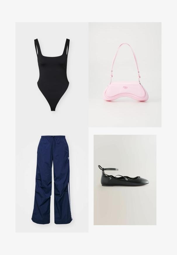 Zwart eendelig badpak met vierkante halslijn, dunne dubbele schouderbandjes en hoog uitgesneden beenopeningen op een effen lichte achtergrond.; Navyblauwe, lichtgewicht broek met elastische taille en trekkoord, voorzien van witte zijstrepen en een klein logo aan de voorkant. Losse pasvorm.; Zwarte leren platte ballerinaschoen met enkelriempje en gekruiste veters, puntige neus en gladde zool, zijaanzicht op lichte achtergrond.; Diesel Handtas - quartz pink