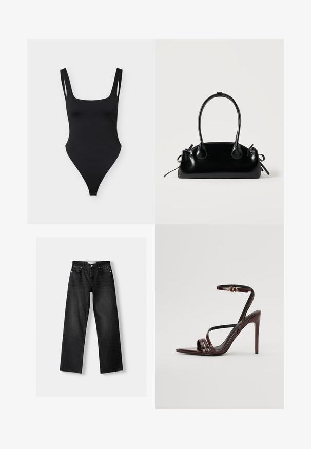 Sort badedragt med firkantet udskæring, tynde dobbelte skulderstropper og højt skårne benåbninger på en ensartet lys baggrund.; Bershka Jeans Straight Leg - mottled dark grey; Bordeaux laker læder højhælede sandal med ankelrem, spids tå og tre vandrette remme over foden. Detalje med spænde i guldtonet.; Lille sort blank håndtaske med to lange håndtag og snøre-detaljer i siden på en ensfarvet lys baggrund.