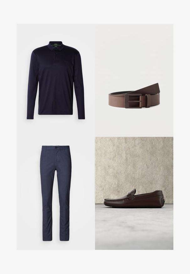 Polo à manches longues bleu marine en coton doux, avec une patte de boutonnage à trois boutons et un logo brodé sur la poitrine. Texture lisse.; Pantalon bleu marine slim avec un motif texturé subtil, doté d'une fermeture à bouton et de poches traditionnelles. Finition en tissu lisse.; Mocassins en cuir marron avec une finition lisse, des coutures de style mocassin, un bout rehaussé et une semelle en caoutchouc basse et flexible.; Ceinture en cuir marron avec une boucle rectangulaire en métal foncé mat, partiellement enroulée sur un fond blanc uni.