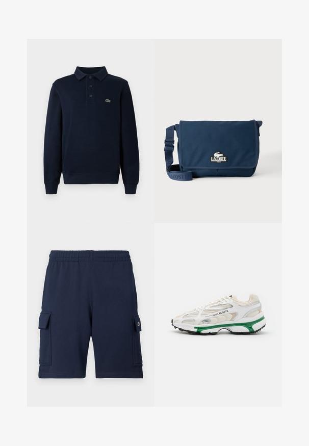Camisa polo de manga larga azul marino con tapeta de botones y pequeño logo de cocodrilo verde en el pecho.; Pantalones cortos cargo azul marino hechos de tela suave, con una cintura elástica, dos bolsillos laterales y un pequeño detalle con logo en el bolsillo izquierdo.; Zapatilla blanca con acento verde y suela de goma negra. Presenta paneles de malla y sintéticos, con un acabado texturizado y costuras visibles.; Bolso bandolera Lacoste azul marino con correa ajustable y parche con logotipo en la solapa frontal, sobre un fondo claro y liso.