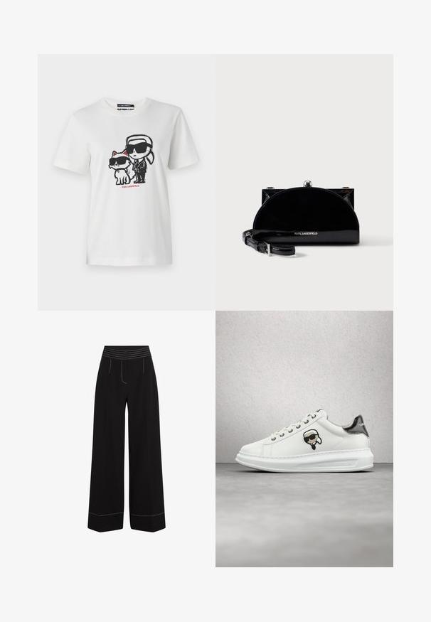 Hvid bomulds t-shirt med et grafisk motiv af en karakter og en kat, som begge bærer solbriller. Designet inkluderer sorte konturer og røde accenter.; Sorte brede bukser med en tekstureret, elastisk talje. Har hvid sting langs lommerne og sømmene. Glat stoffinish.; Hvide Karl Lagerfeld sneakers med snørebånd foran, sort og beige logo lap, og metallisk sølv hælflap, svævende over et gråt gulv.; Sort skinnende halvmåneformet clutch-taske med sølvrammelås og justerbar rem, mærket med Karl Lagerfeld-logo på fronten.