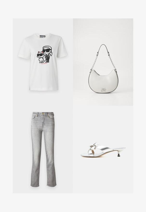 Hvid bomulds t-shirt med et grafisk motiv af en karakter og en kat, som begge bærer solbriller. Designet inkluderer sorte konturer og røde accenter.; Grå denim jeans med lige ben design, der har en frontknaplukning, fem lommer og subtilt slid for tekstur.; Sølv åben tå sandal med en lav kitten-hæl og en dekorativ sløjfe på de krydsede stropper.; Hvid læderhåndtaske med en buet form, sorte detaljer og en sølv kædetraspen. Har en lynlås lukning og præget logo på fronten.