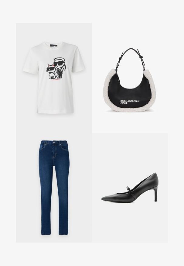 Hvid bomulds t-shirt med et grafisk motiv af en karakter og en kat, som begge bærer solbriller. Designet inkluderer sorte konturer og røde accenter.; Mørkeblå denim jeans med slim fit. Funktioner inkluderer en knappet talje, fem lommer og minimale syninger.; Sort læderspids højhælede sko med tynd rem og spænde over vristen, stående på en neutral lys baggrund.; Sort håndtaske med blød, hvid imiteret pelskant, med en rund form og en lynlås lukning. "KARL LAGERFELD JEANS" logoet er tydeligt vist.