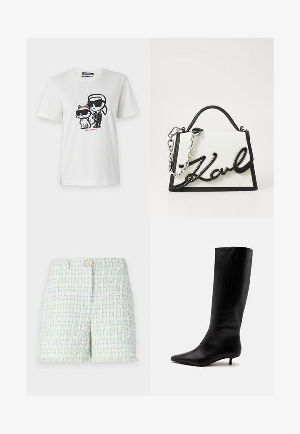 T-shirt en coton blanc avec un graphique d'un personnage et d'un chat, tous deux portant des lunettes de soleil. Le design comprend des contours noirs et des accents rouges.; Shorts en tweed de couleur bleu clair et jaune pâle avec un motif à grille texturé. Dotés d'une fermeture à bouton à l'avant et d'une coupe ajustée.; Botte noire en cuir jusqu'au genou avec bout pointu et petit talon kitten sur un fond clair uni.; Sac à main en cuir blanc avec des accents noirs, arborant un logo noir emblématique. Il présente une forme structurée et une bandoulière en chaîne argentée.