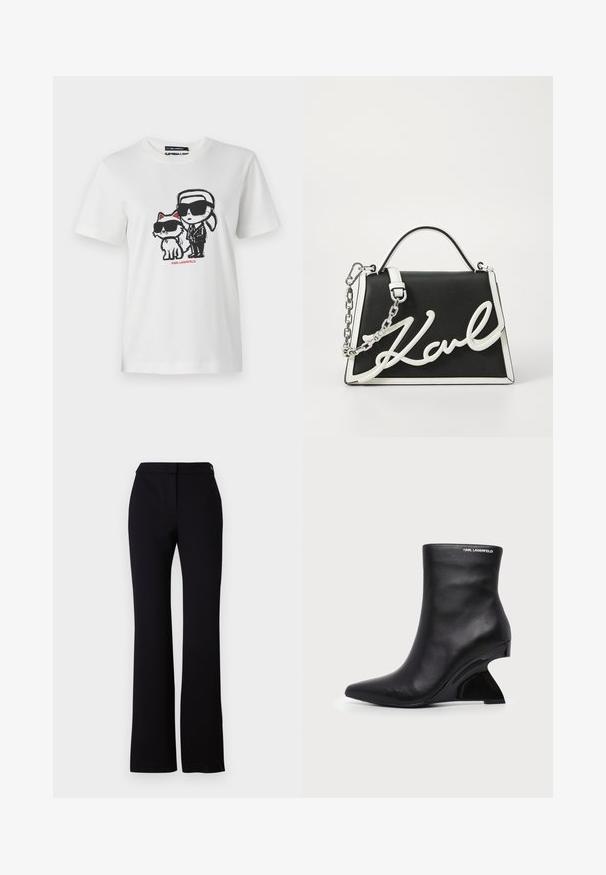 Weißes Baumwoll-T-Shirt mit einem Grafikdesign eines Charakters und einer Katze, die beide Sonnenbrillen tragen. Das Design enthält schwarze Umrisse und rote Akzente.; Schwarze Hose mit geradem Schnitt, glatter Textur und einem Bund mit einem einzelnen Knopfverschluss. Keine sichtbaren Muster oder Akzente.; Schwarzer Leder-Knöchelstiefel mit geschwungenem skulptiertem Absatz und Karl Lagerfeld-Logo nahe dem oberen Rand auf weißem Hintergrund.; Schwarze Ledertasche mit weißen Akzenten. Verfügt über einen Kettenriemen, eine strukturierte Form und ein auffälliges weißes Logo-Detail. Glatte Textur.
