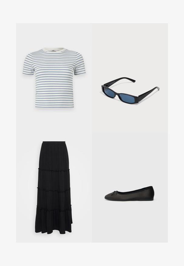 Wit kortärmelig geribbelde T-shirt met dunne horizontale blauwe strepen en een ronde hals.; Zwarte maxi rok van lichtgewicht stof, met drie lagen met gerimpelde randen en een elastische tailleband voor comfort.; Zwarte ballerina's met een gladde matte afwerking, ronde neus en een decoratieve strik aan de voorkant. Voorzien van een lage, platte hak.; Zwarte zonnebril met een slank rechthoekig frame en blauwe lenzen. Heeft een gladde textuur en stevige pootjes. Merklogo aan de zijkant.
