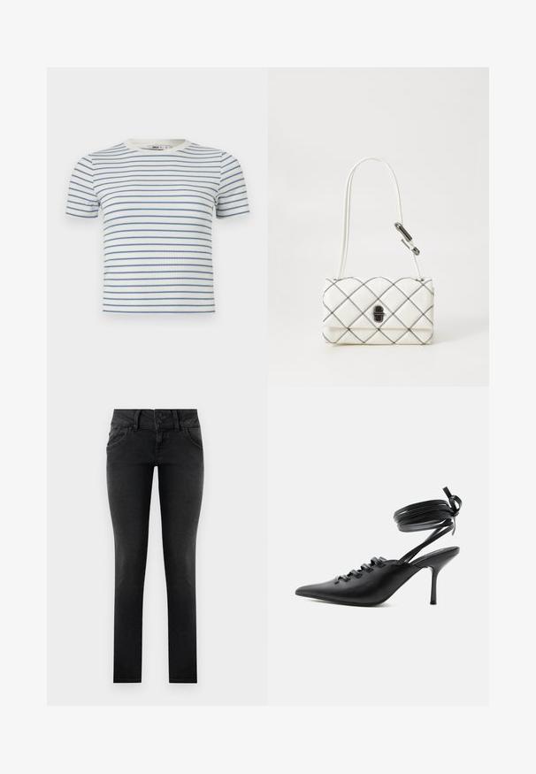 Hvid kortærmet ribstrikket T-shirt med tynde, vandrette blå striber og rund halsudskæring.; Sorte denim skinny jeans med en to-knaps talje, frontlommer og en glat, tekstureret overflade. Standard snit, hel længde design.; Sort spids sko med høje hæle, snørelukning foran og omlægning omkring anklerne bundet med sløjfe, vist fra siden på hvid baggrund.; Hvid quiltet håndtaske med sorte stikninger. Har en lang rem og en frontlukning. Fremstillet af tekstureret læder med en rektangulær form.