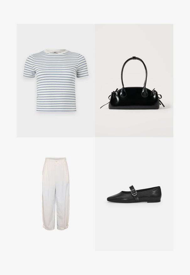 T-shirt blanc à manches courtes en maille côtelée avec fines rayures horizontales bleues et un col rond.; Pantalon blanc taille haute à jambes larges avec plis, fermeture devant par bouton et zip, et brides réglables à boutons aux ourlets des chevilles.; Chaussure plate en cuir noir avec un bout arrondi, une seule sangle réglable à boucle et une texture lisse et brillante. Design minimaliste avec un petit talon.; Petit sac à main noir brillant avec deux longues anses et des détails à cordon sur les côtés sur un fond clair uni.