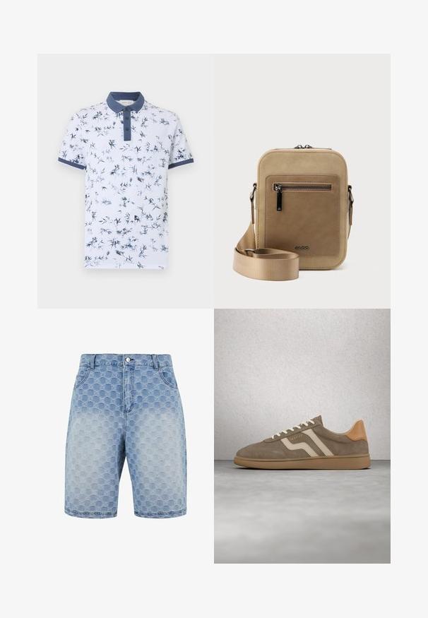 Wit poloshirt met korte mouwen, blauw bloemenpatroon, marineblauwe kraag, knoopsluiting en marineblauwe mouwboorden.; Lichtblauwe denimshorts met een gestructureerd patroon van overlappende cirkels. Bevat vijf zakken en een klassieke knoop- en ritssluiting.; Bruine suède sneaker met beige strepen, crèmekleurige veters en een gumzool, zwevend boven een grijze vloer en een achtergrond van glazen blokken.; Kleine beige crossbodytas met een voorvak met ritssluiting, metalen ALDO-logo, verstelbare brede band en afgeronde rechthoekige vorm op een witte achtergrond.